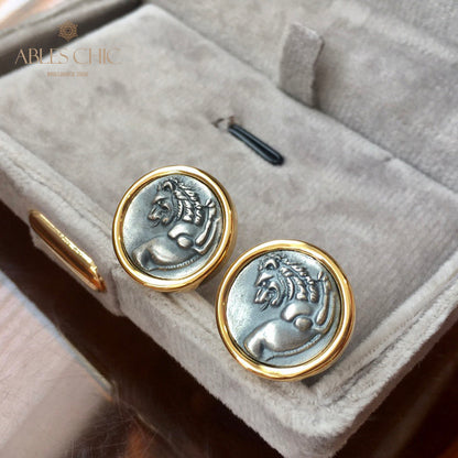 Lion Sculpture Antique Coins Earrings 5981