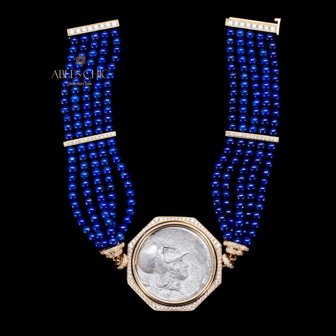 Ancient Lira Coins Multi Strand Lapis Bracelet