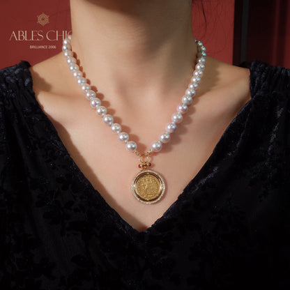 Byzantine Coin Akoya Pearl Reversible Medallion Necklace