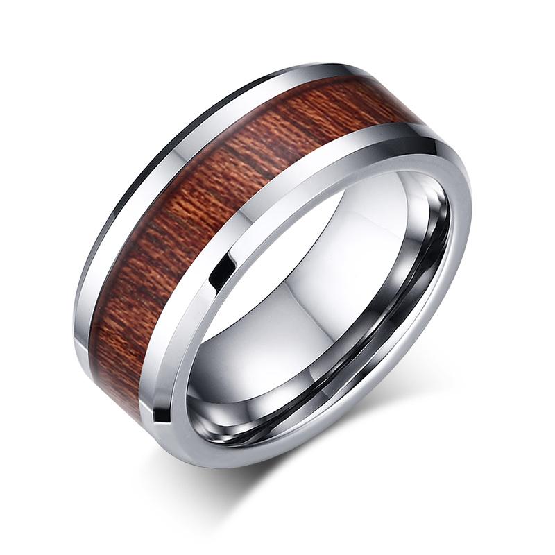 White Tungsten Engagement Ring Walnut Wood Inlay Band Wholesale 8mm - Ables Mall
