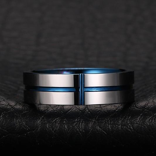 White Tungsten Engagement Ring Blue Cross Groove Lords Prayer Band Wholesale 8mm - Ables Mall