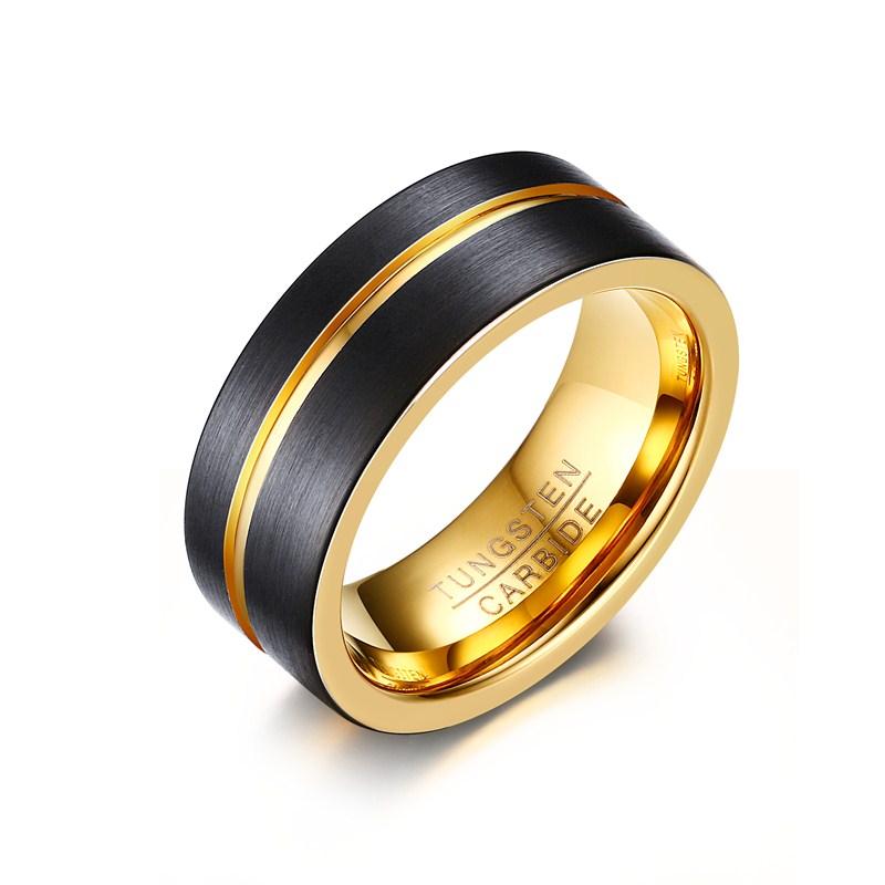 Gold Groove Tungsten Engagement Band Tough Flat Men Ring Wholesale Plated 8mm - Ables Mall