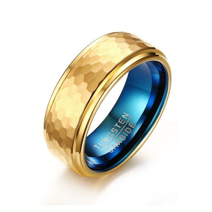 Gold Blue Tungsten Beaten Band Faceted Manly Engagement Ring Wholesale Plated 8mm - Ables Mall