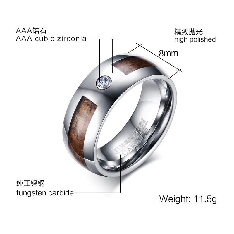 Wood Inlay Tungsten Band Solitaire Stone Engagement Ring Wholesale 8mm - Ables Mall