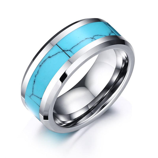 White Tungsten Turquoise Inlay Engagement Band Wedding Ring Wholesale 8mm - Ables Mall